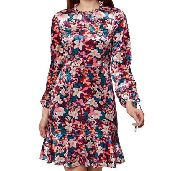 Bcbgeneration Velvet Floral Print Ruffle Trim Colorful Mini Dress - Picture 1 of 8